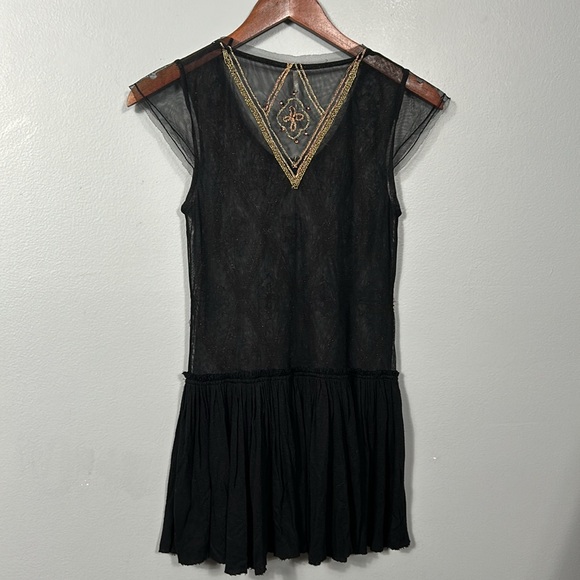 Free People S Black Mesh Tulle Shirt Beaded Embellished Boho Gypsy Tunic Top XS - Picture 7 of 9